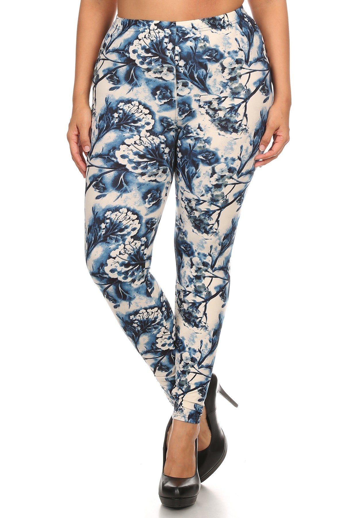 Plus Size Floral Print, Full Length Leggings In A Slim Fitting Style With A Banded High Waist - Tigbuls Variety Fashion