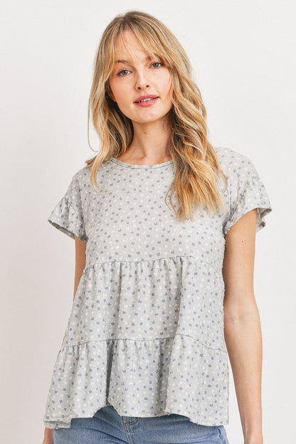 Dot Textured Print Jersey Ruffled Short Sleeve Top - Tigbuls Variety Fashion