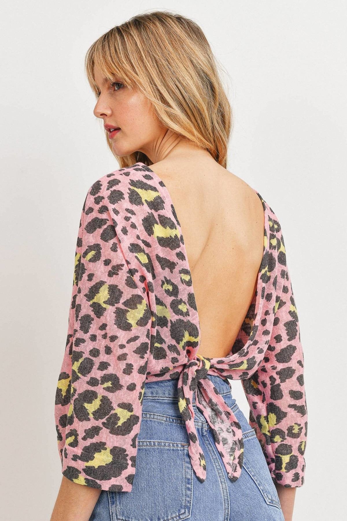 Leopard Knit Back Opened Short Sleeve Top - Tigbuls Variety Fashion