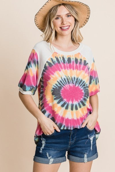 French Terry Tie Dye Printed Casual Mini Bubble Sleeves Tunic Top - Tigbuls Variety Fashion