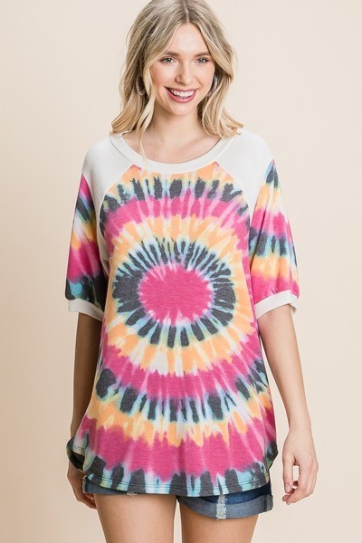 French Terry Tie Dye Printed Casual Mini Bubble Sleeves Tunic Top - Tigbuls Variety Fashion