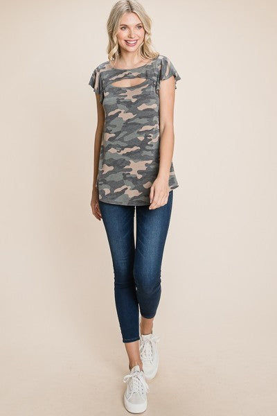 Army Camo Printed Cut Out Neckline Short Flutter Sleeves Casual Basic Top - Tigbuls Variety Fashion
