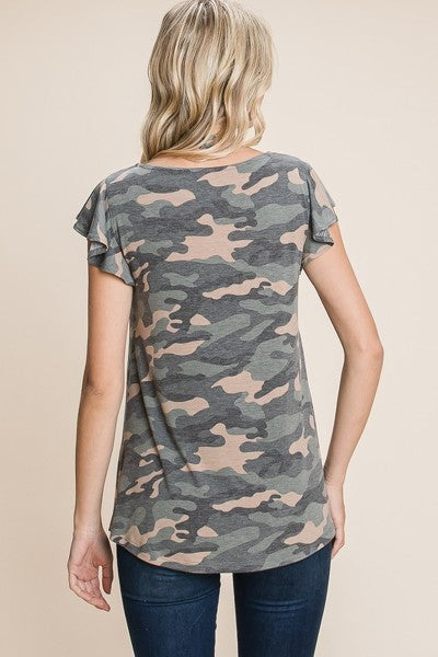 Army Camo Printed Cut Out Neckline Short Flutter Sleeves Casual Basic Top - Tigbuls Variety Fashion