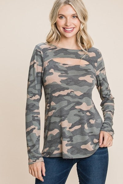 Army Camo Printed Cut Out Neckline Long Sleeves Casual Basic Top - Tigbuls Variety Fashion