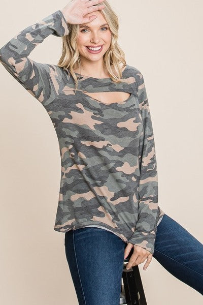Army Camo Printed Cut Out Neckline Long Sleeves Casual Basic Top - Tigbuls Variety Fashion