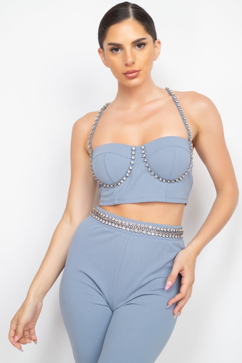 Blue Stone Embellished Top And Pants Set - Tigbuls Variety Fashion