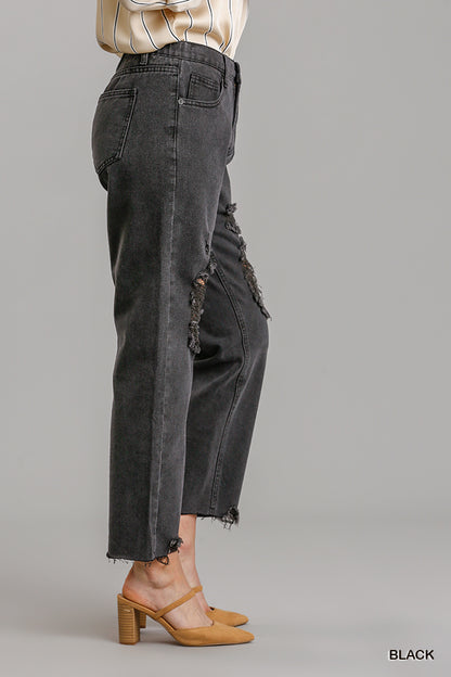 Black Straight Cut Distressed Denim Jeans with Raw Hem - Tigbuls Variety Fashion