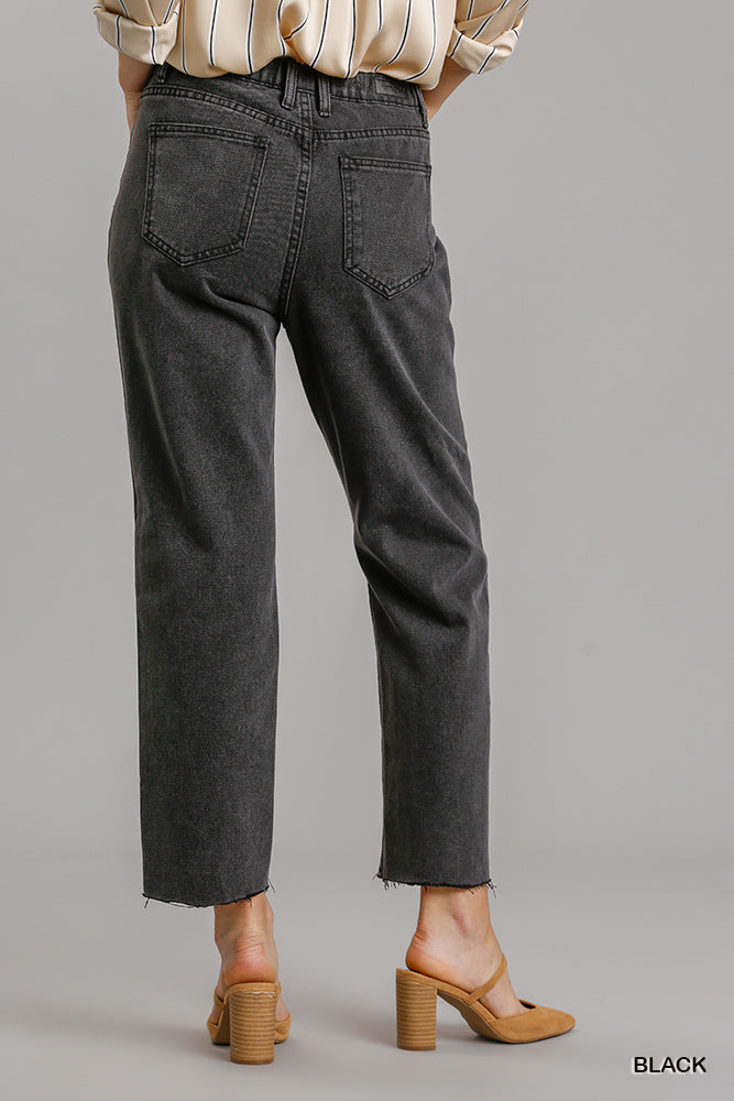 Black Straight Cut Distressed Denim Jeans with Raw Hem - Tigbuls Variety Fashion