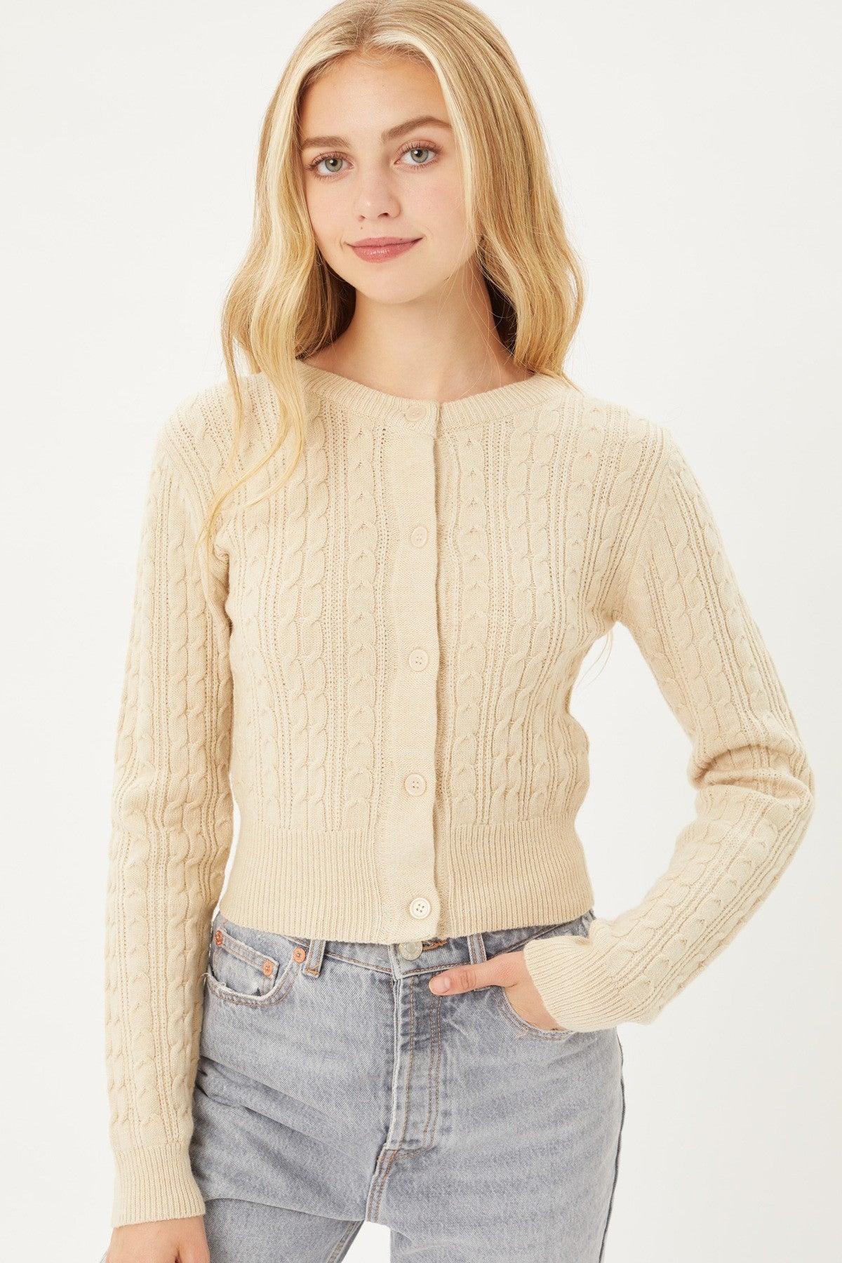 Buttoned Cable Knit Cardigan Long Sleeve Sweater - Tigbuls Variety Fashion