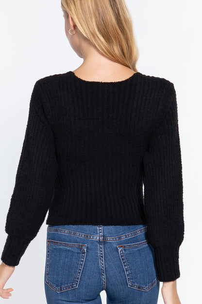 Long Puff Slv V-neck Rib Sweater - Tigbuls Variety Fashion