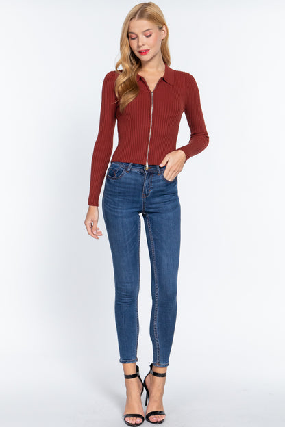 Notched Collar Zippered Sweater - Tigbuls Variety Fashion