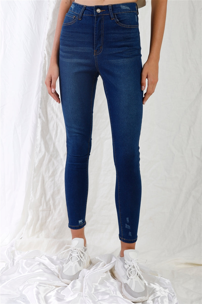 Dark Blue High-waisted With Rips Skinny Denim Jeans - Tigbuls Variety Fashion