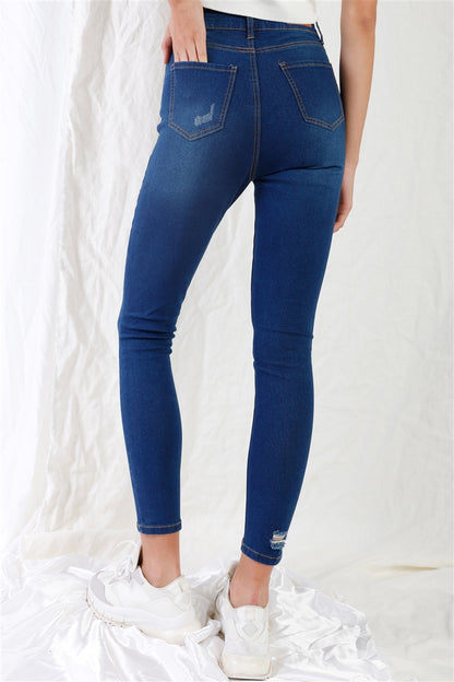 Dark Blue High-waisted With Rips Skinny Denim Jeans - Tigbuls Variety Fashion
