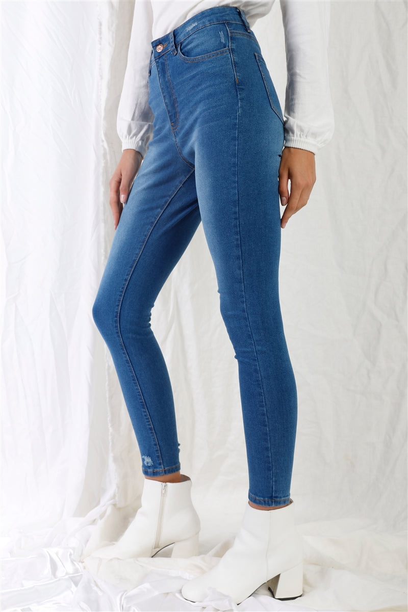 Mid Blue High-waisted With Rips Skinny Denim Jeans - Tigbuls Variety Fashion