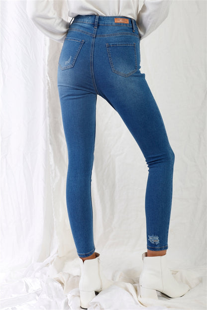 Mid Blue High-waisted With Rips Skinny Denim Jeans - Tigbuls Variety Fashion