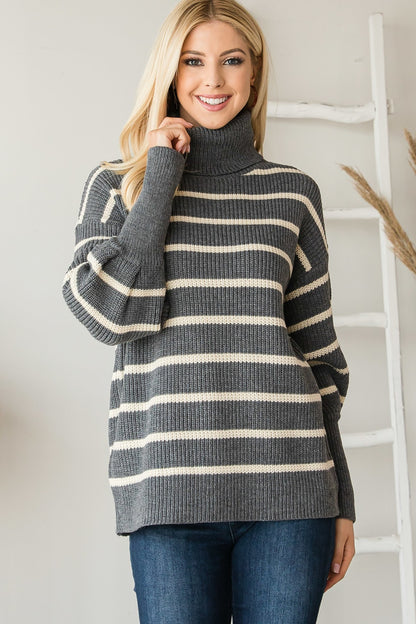 Heavy Knit Striped Turtle Neck Knit Sweater - Tigbul's Fashion
