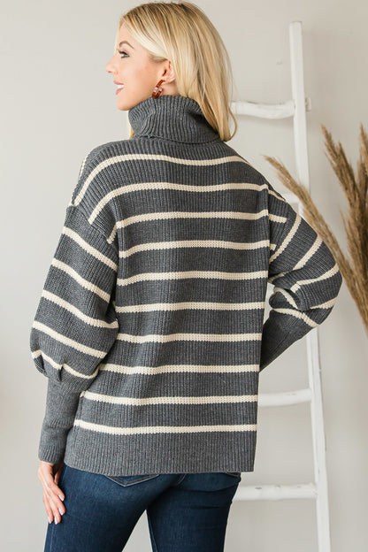 Heavy Knit Striped Turtle Neck Knit Sweater - Tigbul's Fashion
