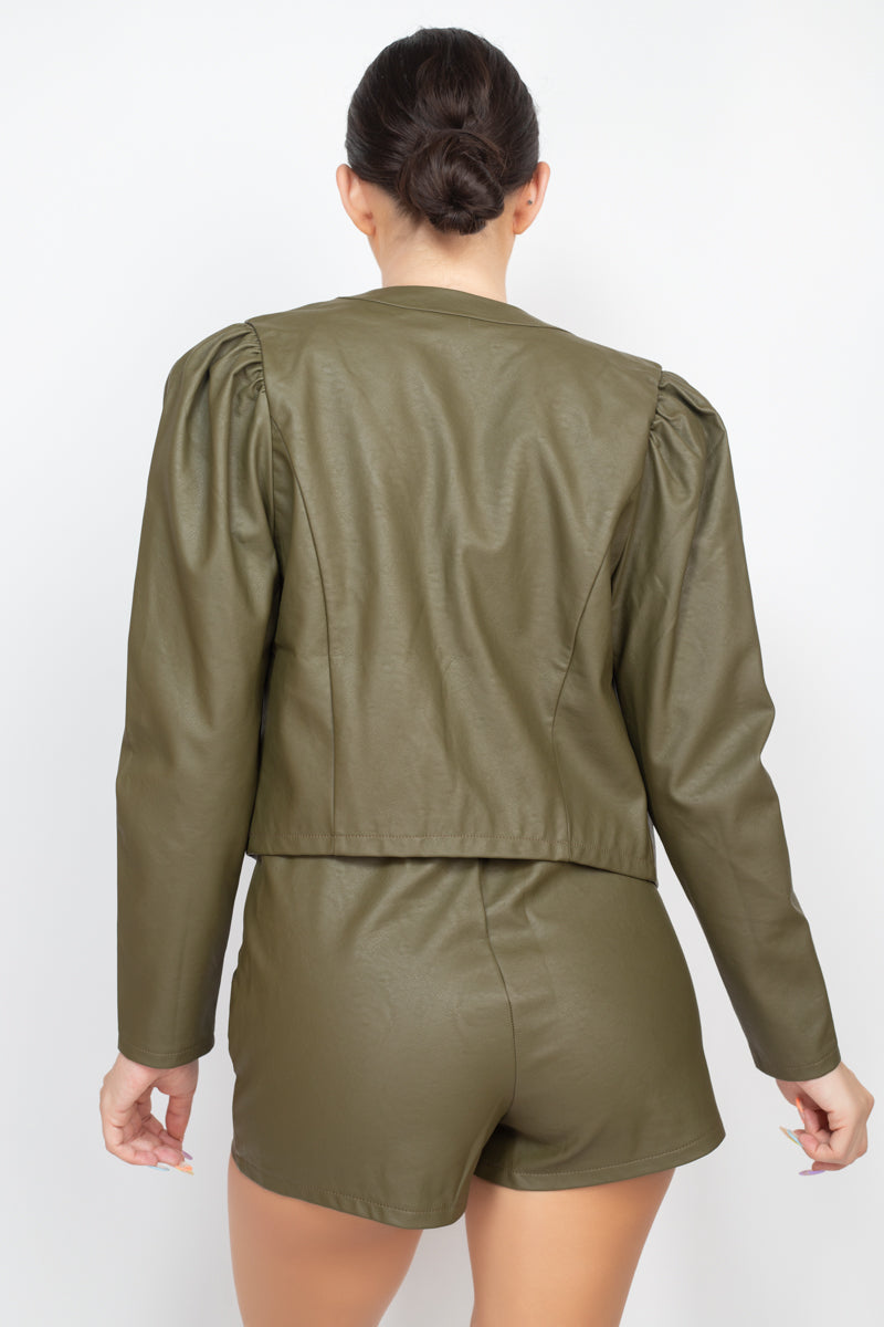 Size Large, Faux Leather Jacket & Shorts Set, Olive - Tigbuls Variety Fashion