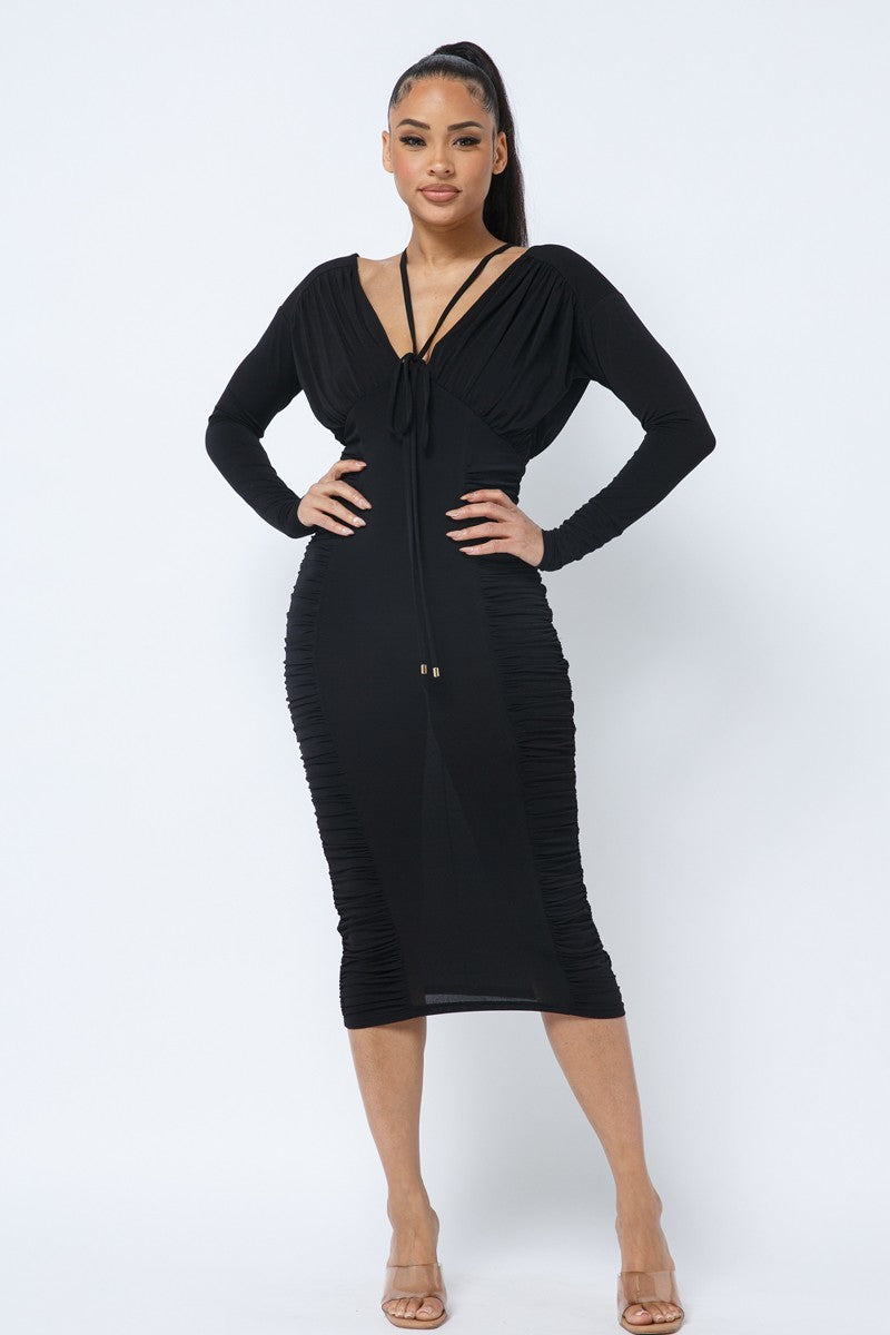 Black Midi Dress V Neck Front & Back with Ruching Fabric - Tigbuls Variety Fashion