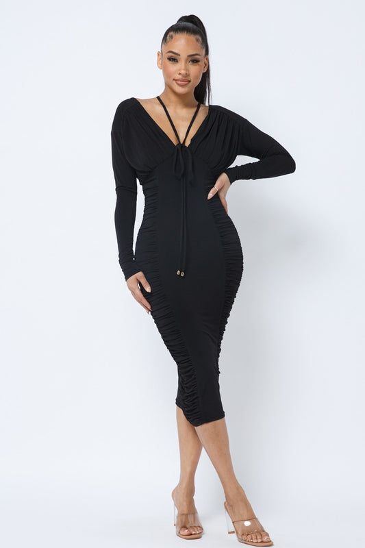 Black Midi Dress V Neck Front & Back with Ruching Fabric - Tigbuls Variety Fashion