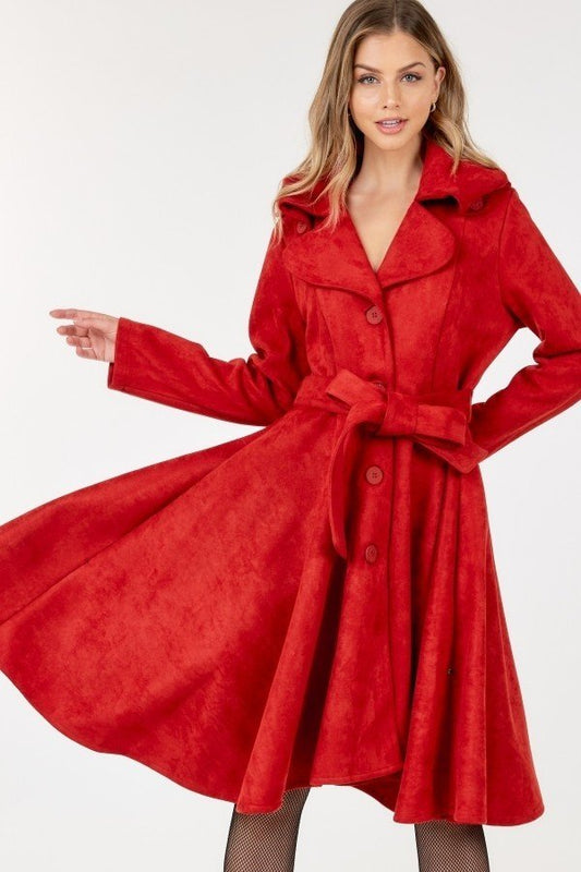 Size Medium Button Tacking Collar A Line Suede Coat, Red - Tigbuls Variety Fashion