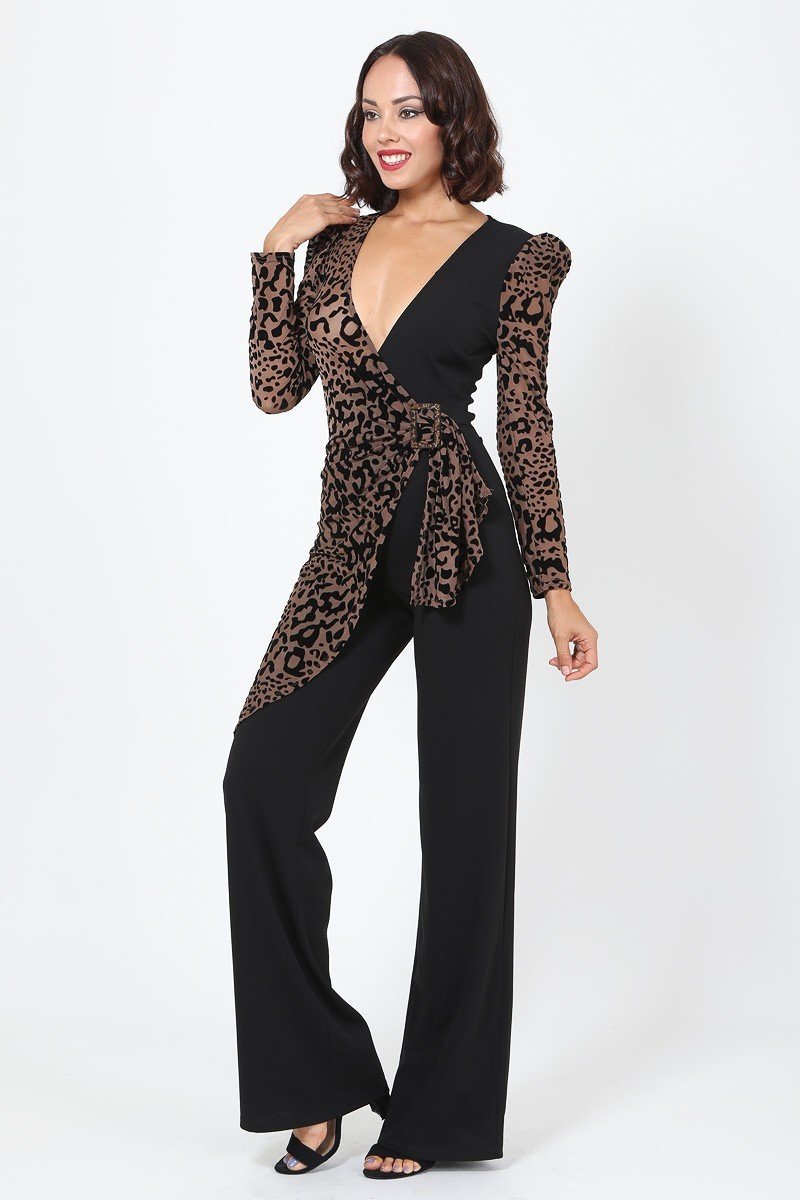 Plunging V Buckle Detail Leopard Jumpsuit - Tigbuls Variety Fashion