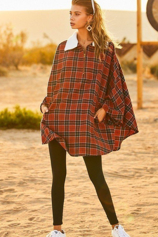 Mock Neck With Zipper Contrast Inside Front Pocket Plaid Poncho - Tigbuls Variety Fashion