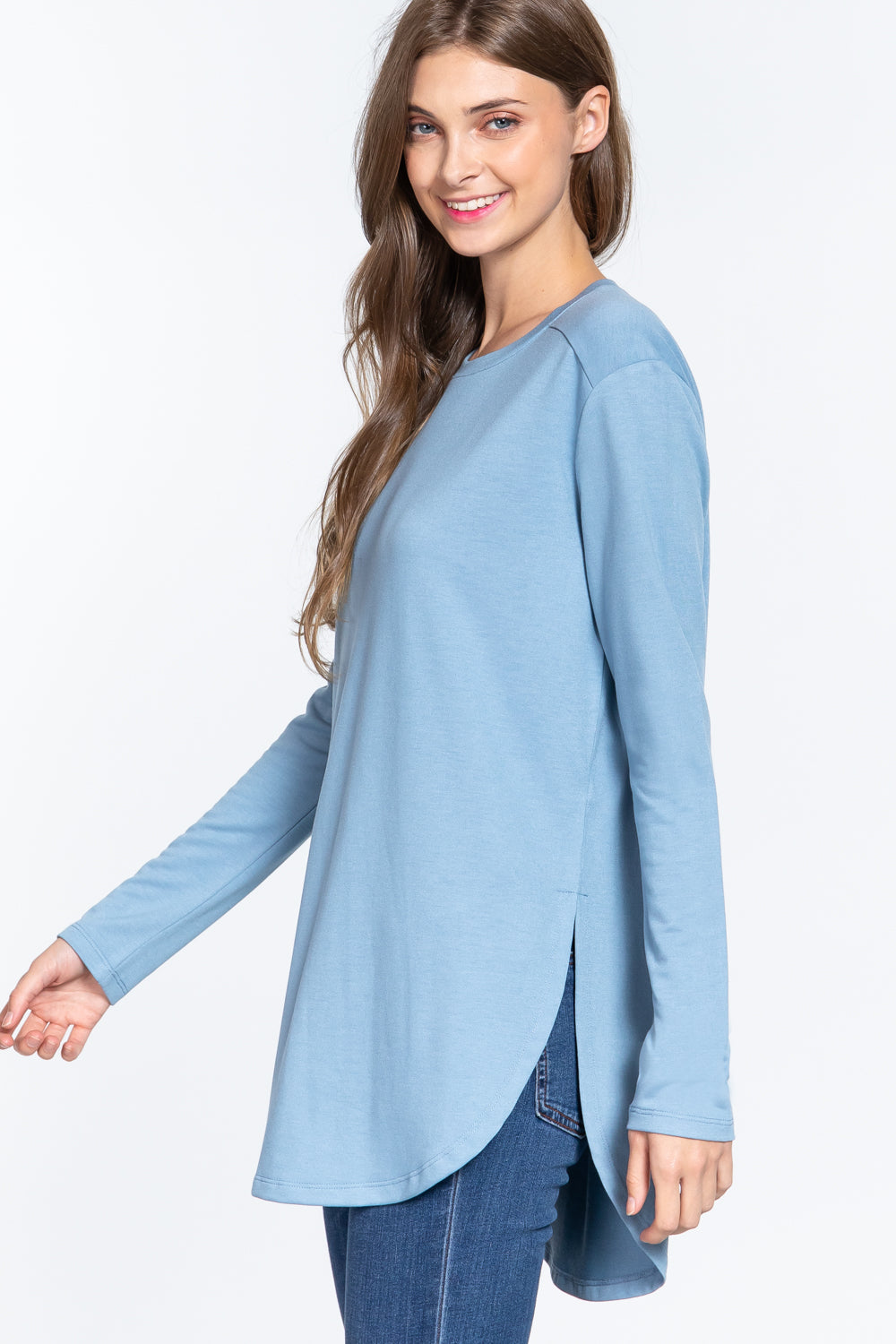 Long Sleeve Side Slit French Terry Tunic in Blue - Tigbul's Fashion