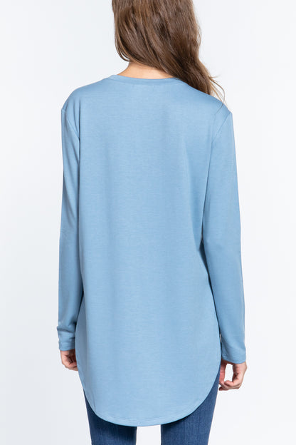 Long Sleeve Side Slit French Terry Tunic in Blue - Tigbul's Fashion
