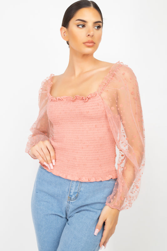 Square Neck Smocking Top with Mesh Sleeves - Tigbul's Fashion