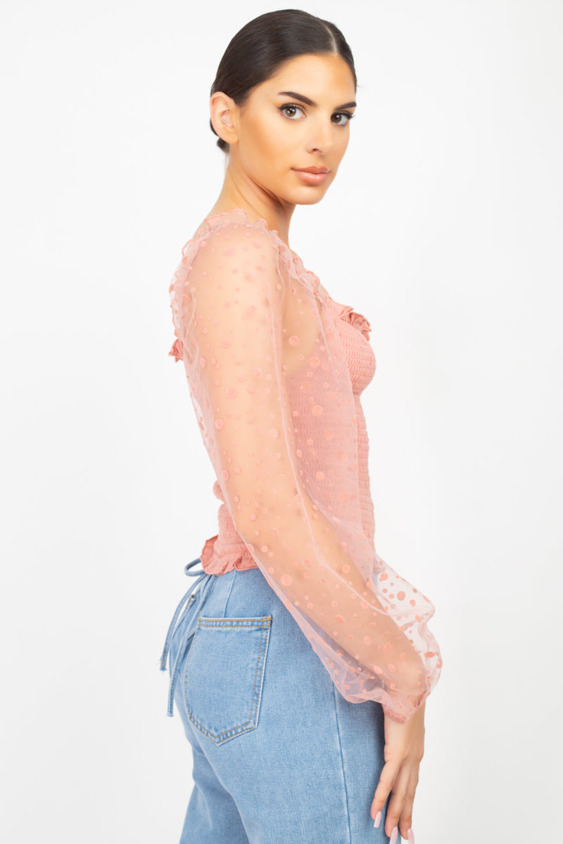 Square Neck Smocking Top with Mesh Sleeves - Tigbul's Fashion
