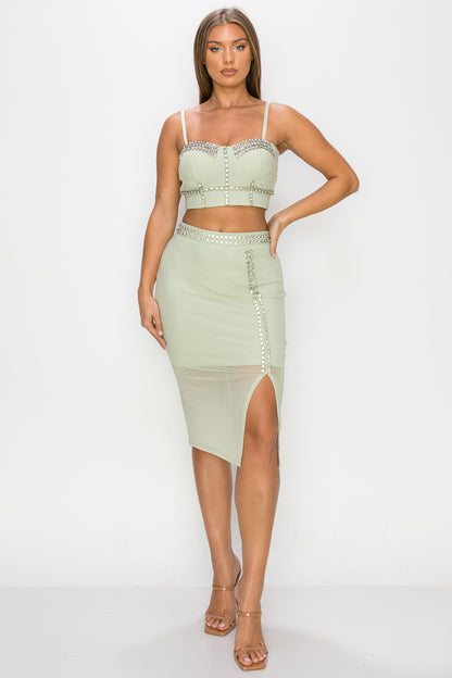 Studded Stone Cami Top & Slit Mini Skirts Set - Tigbuls Variety Fashion