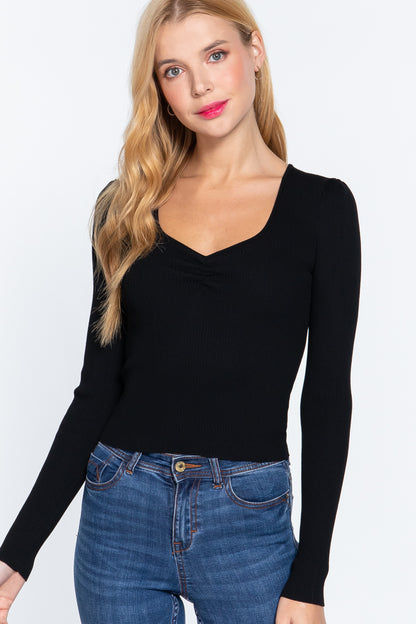 Shirring Sweetheart Neck Sweater - Tigbul's Fashion