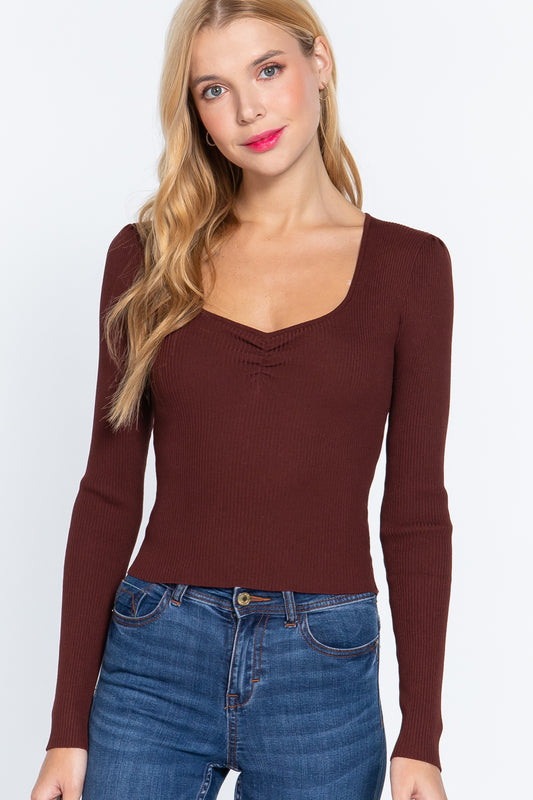 Shirring Sweetheart Neck Sweater - Tigbul's Fashion