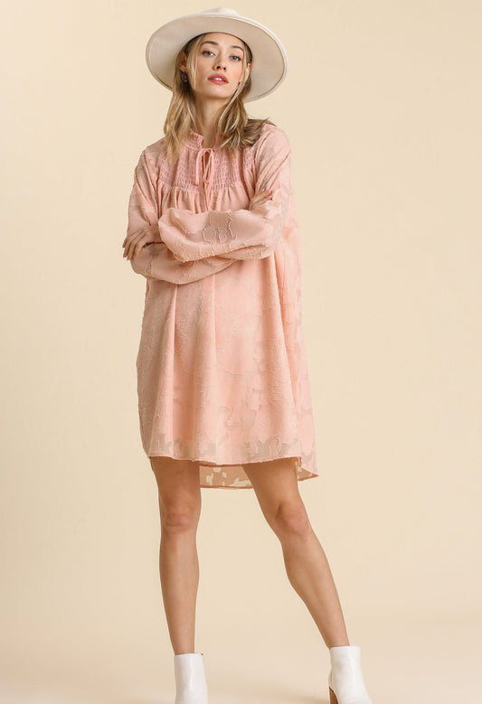 Jacquard Raglan Smocked Tie Neck Yoke Dress, Blush - Tigbul's Fashion