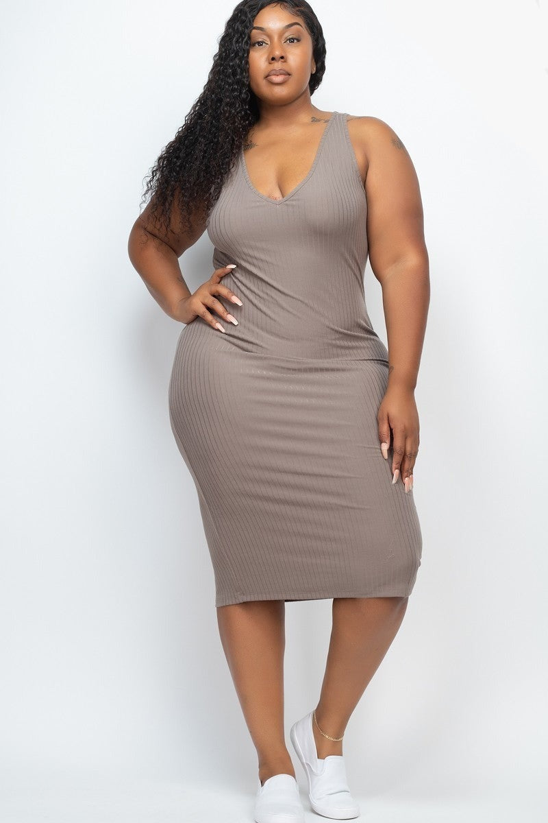 Plus Size Ribbed V-Neck Front and Back Bodycon Dress - Tigbul's Variety Fashion