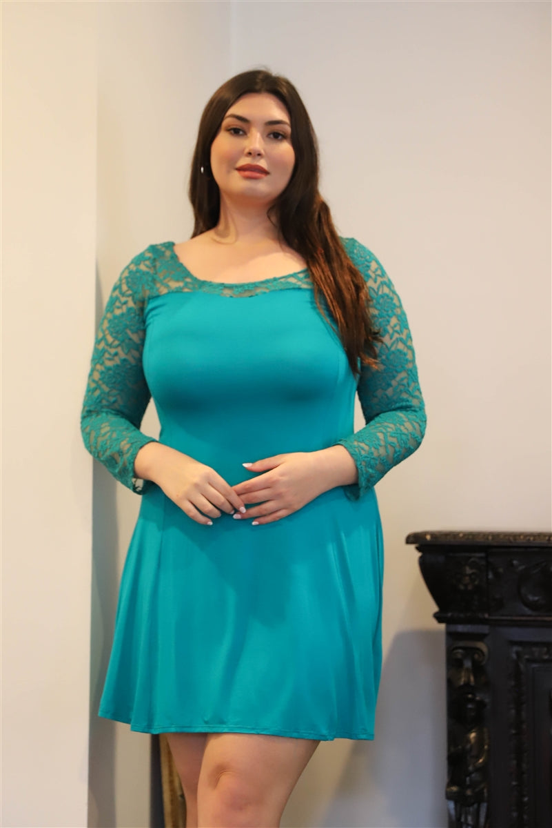 Teal Lace Detail Long Sleeve Mini Dress | Tigbul's Variety Fashion