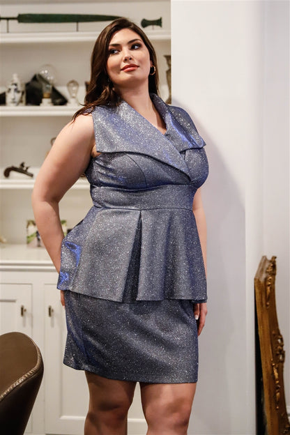 Plus Glitter Collared Peplum Mini Dress, Royal - Tigbul's Fashion