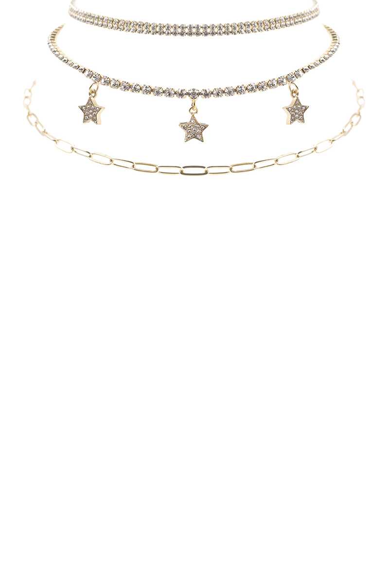Rhinestone Star Charm 3 Layered Necklace - Tigbuls Variety Fashion