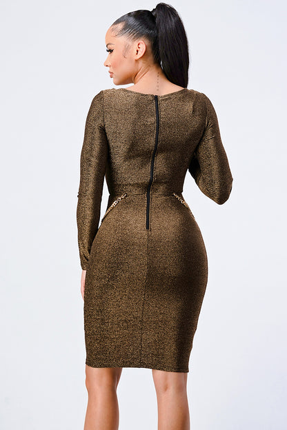Luxe Waist Gold Chain Cut-out Detail Square Neck Glitter Bodycon Dress - Tigbuls Variety Fashion