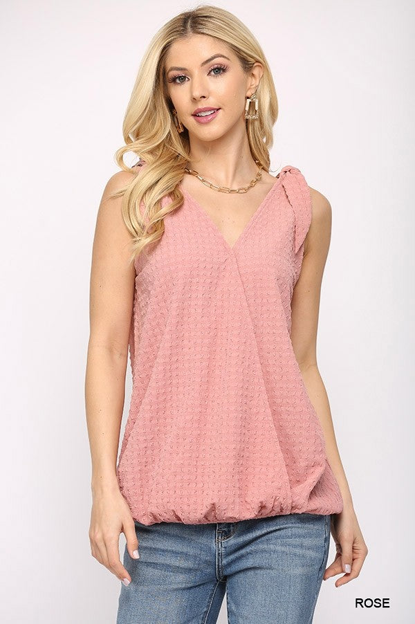 Solid Textured And Sleeveless Surplice Top With Shoulder Tie - Tigbuls Variety Fashion