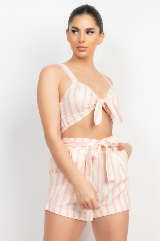 Tie-front Striped Crop Top & Belted Shorts Set - Tigbul's Fashion