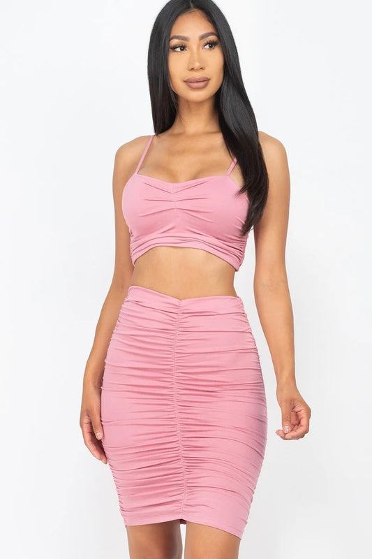 Ruched Crop Top And Skirt Sets - Tigbuls Fashion