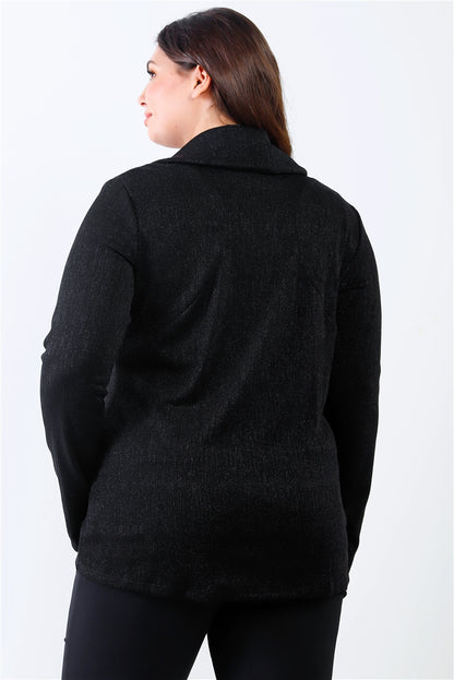 Plus Black Lurex Draped Collar Side Zip Up Lightweight Jacket - Tigbuls Fashion