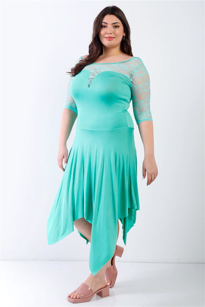 Plus Mint Lace Details Handkerchief Hem Midi Dress - Tigbuls Fashion