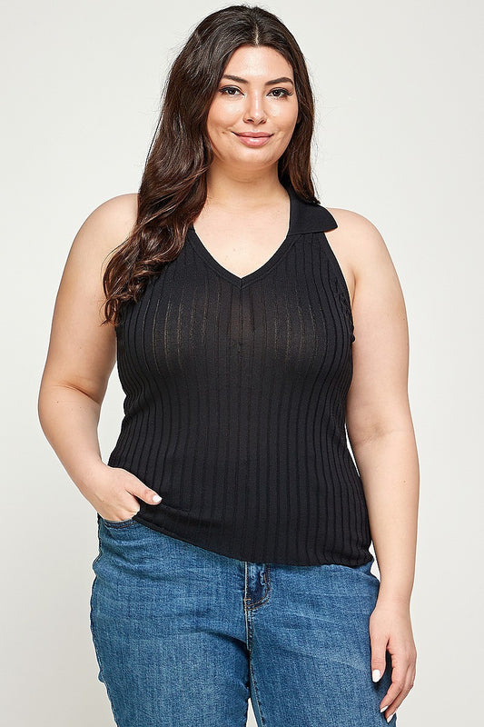 Plus Size, Solid Ribbed Knit Polo Sleeveless Top - Tigbuls Fashion