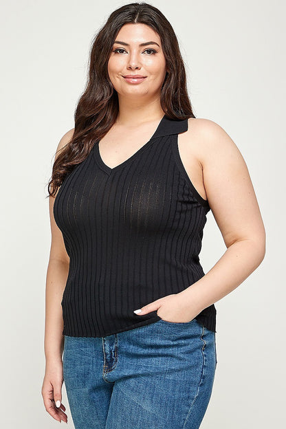 Plus Size, Solid Ribbed Knit Polo Sleeveless Top - Tigbuls Fashion