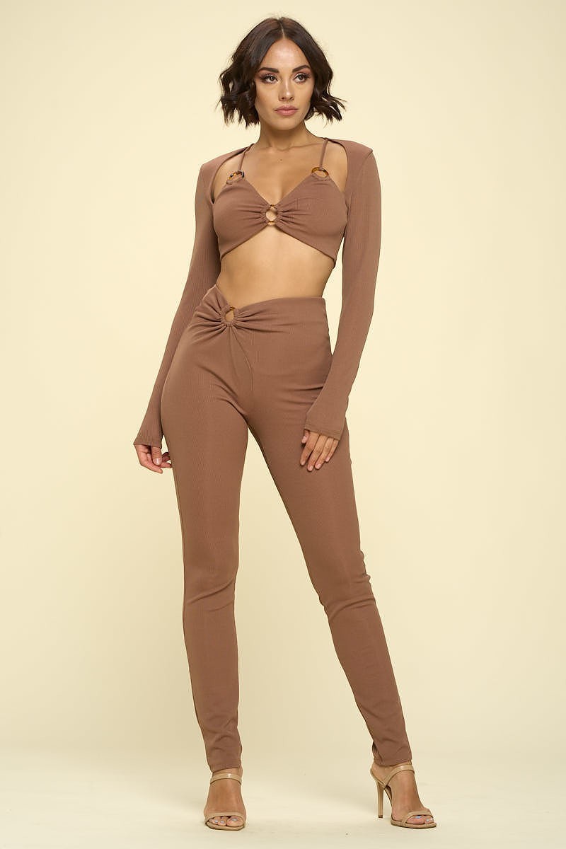 Bikini Top Solid Color 2 Piece Pant Set Outfit, Brown - Tigbuls Variety Fashion