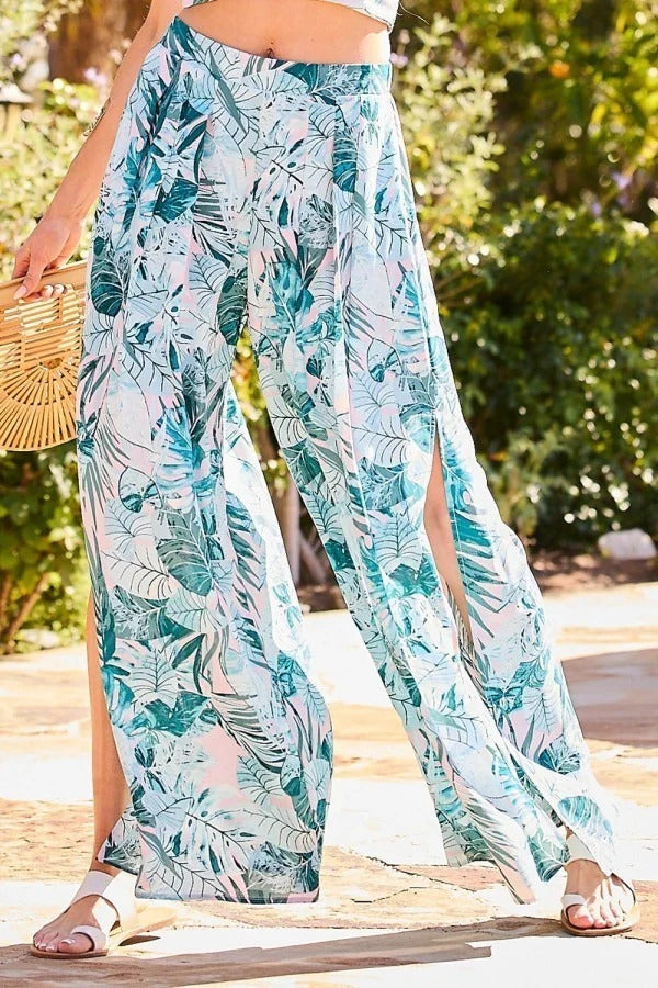Back Elastic Waist Band Side Pockets Pleat Side Open Slit Tropical Print Pants - Tigbuls Variety Fashion
