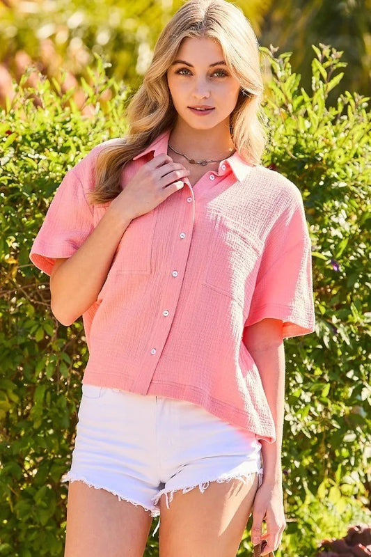 Button Down Cotton Gauze Top in Coral - Tigbuls Variety Fashion